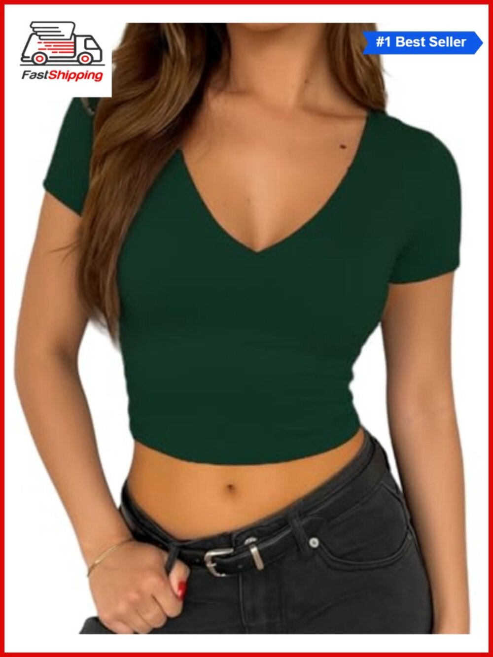 ✨ Womens Short Sleeve Crop Top V Neck Slim Fit Double Lined Basic Tee Y2K